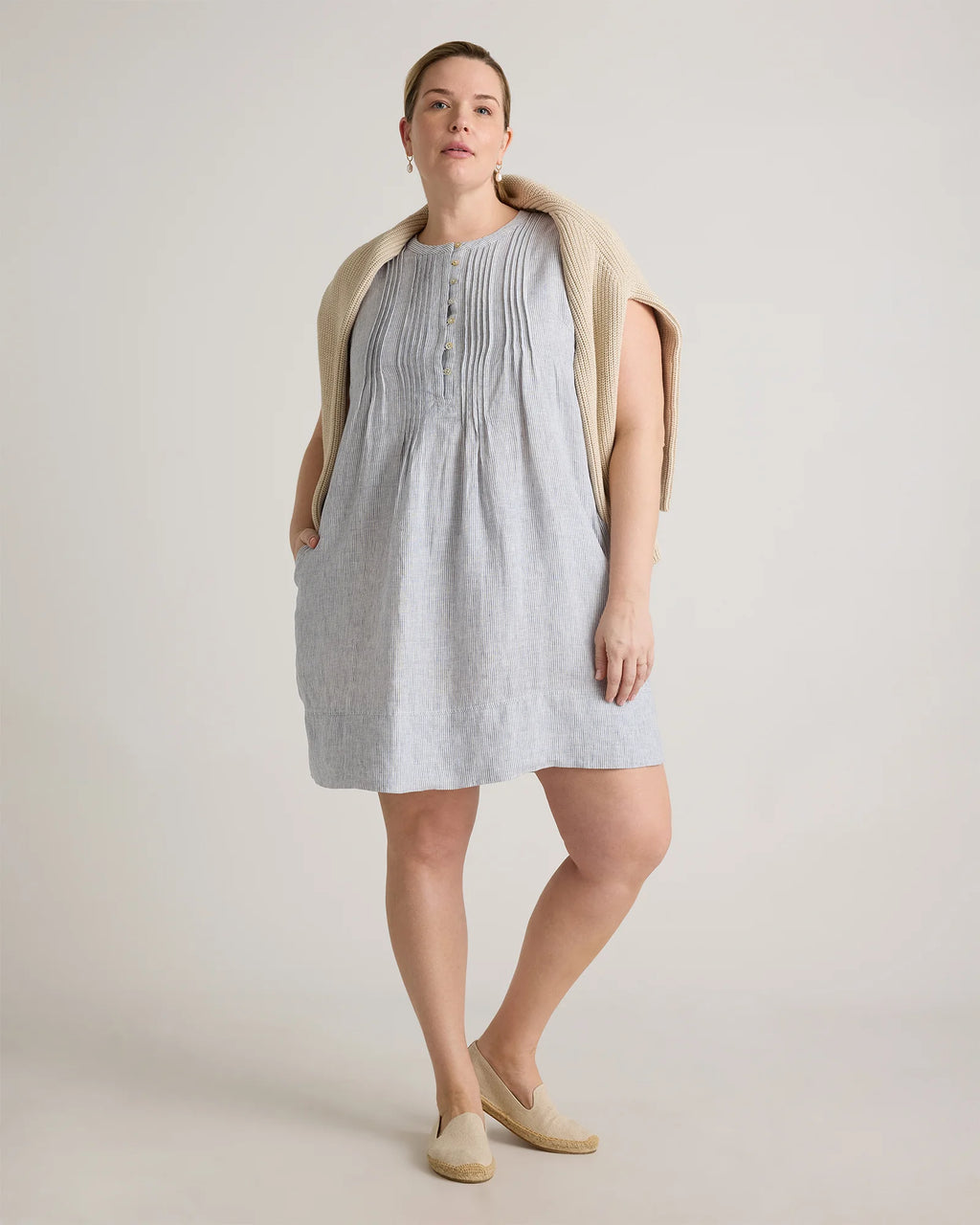100% European Linen Sleeveless Swing Dress - 1X / Bayberry Olive
