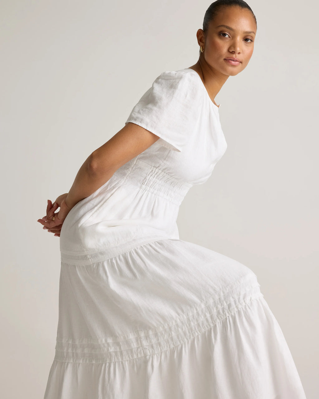100% European Linen Tiered Maxi Dress - XS / Ivory Porcelain Blue Petite Floral