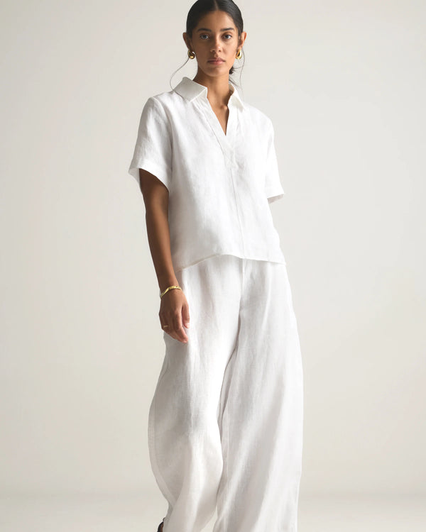 100% European Linen Short Sleeve Popover Top - XS / Blue Pinstripe