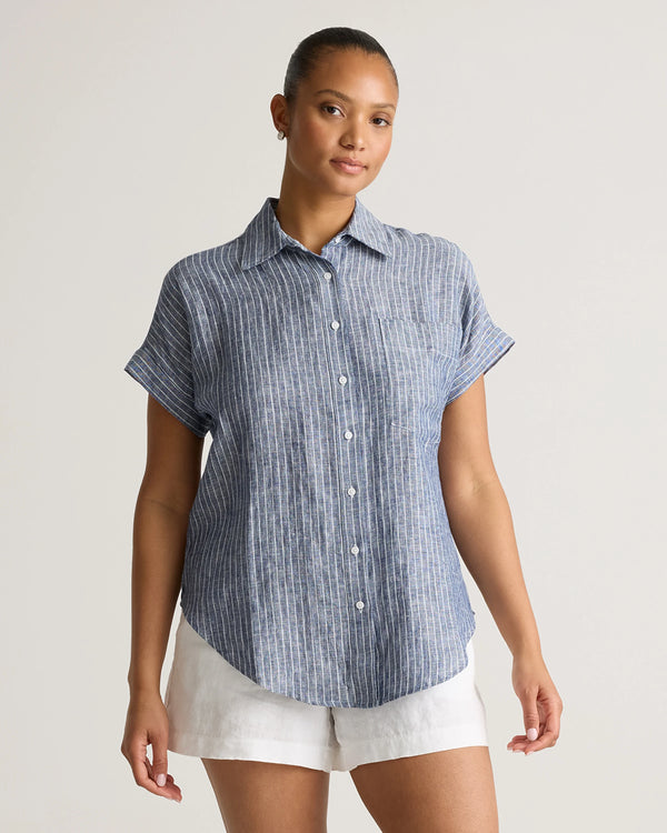 100% European Linen Camp Shirt - XS / Sky Blue Mariner Stripe