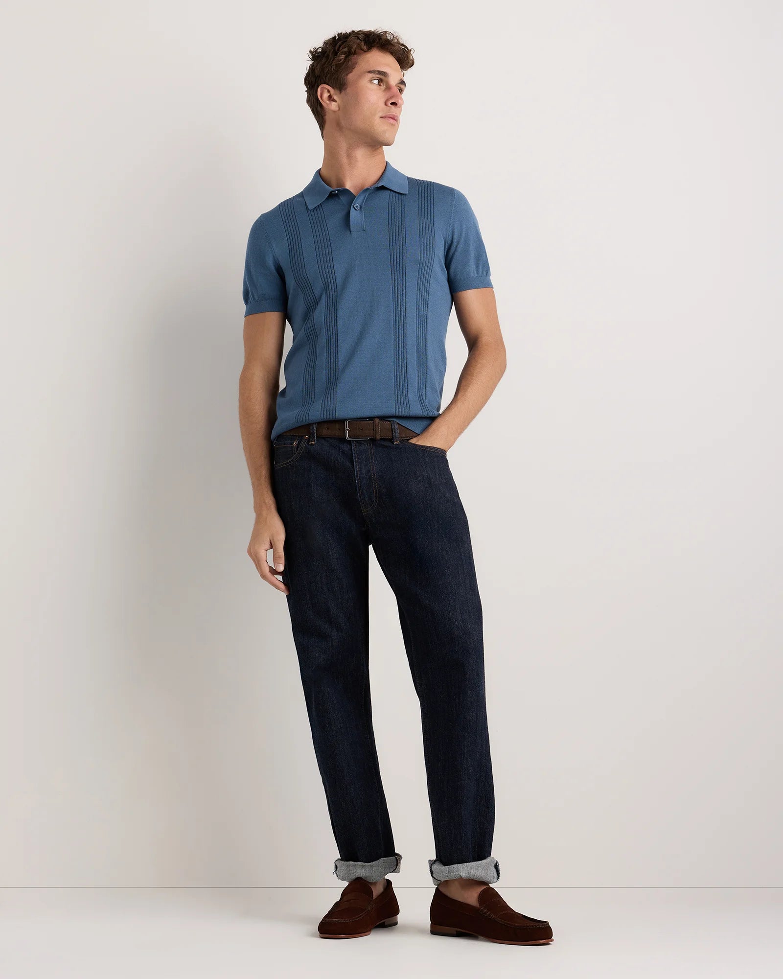 Cotton-Silk Ribbed Short Sleeve Sweater Polo - S / Speckled Beige Secondary image