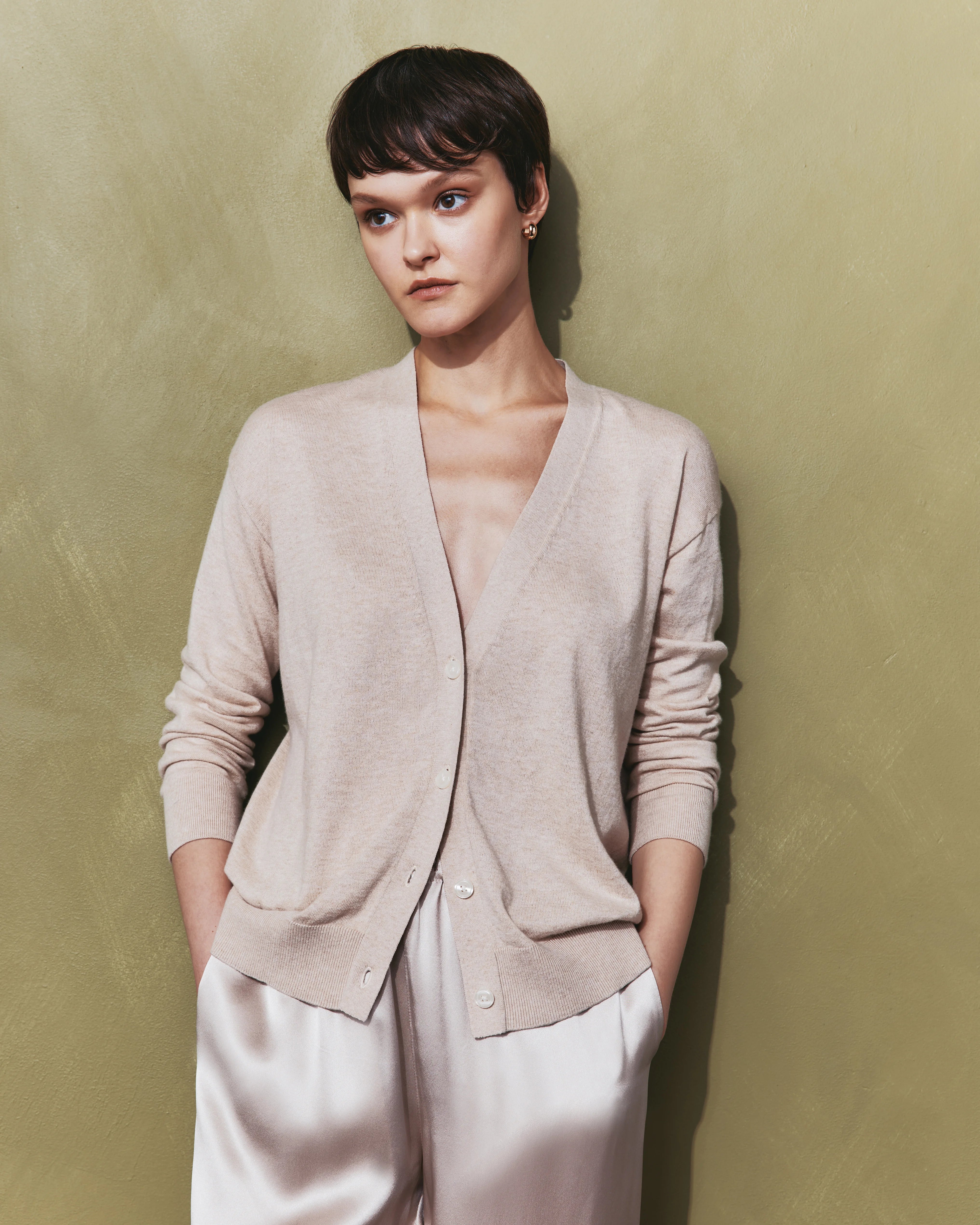 Lightweight Cotton Cashmere Cardigan - XS / Heather Oatmeal Secondary image