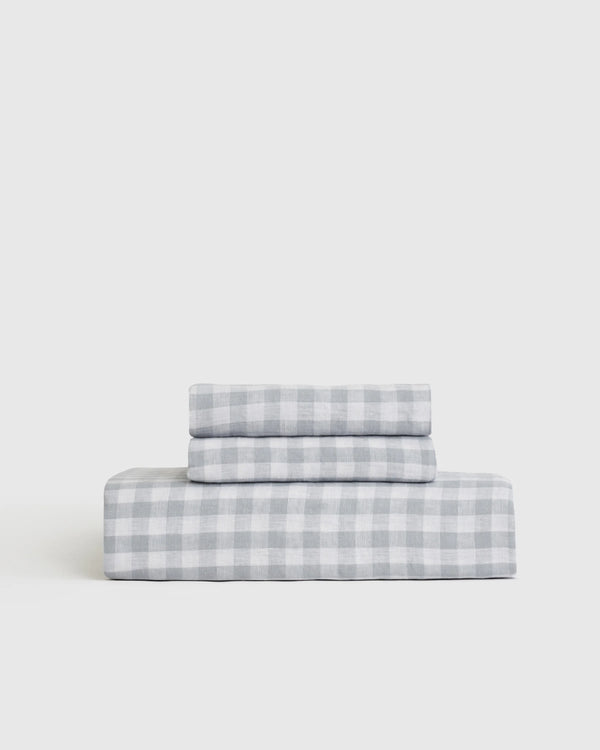 European Linen Gingham Fitted Sheet Set - Twin / Blue Fog