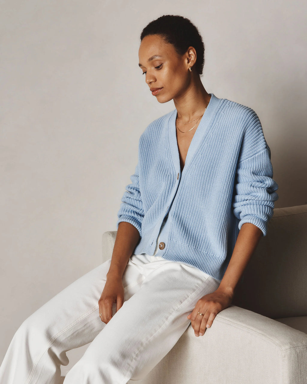 100% Organic Cotton Fisherman Boxy Cropped Cardigan - XS / Sapphire Blue