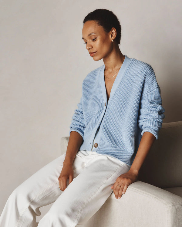 100% Organic Cotton Fisherman Boxy Cropped Cardigan - XS / Sapphire Blue