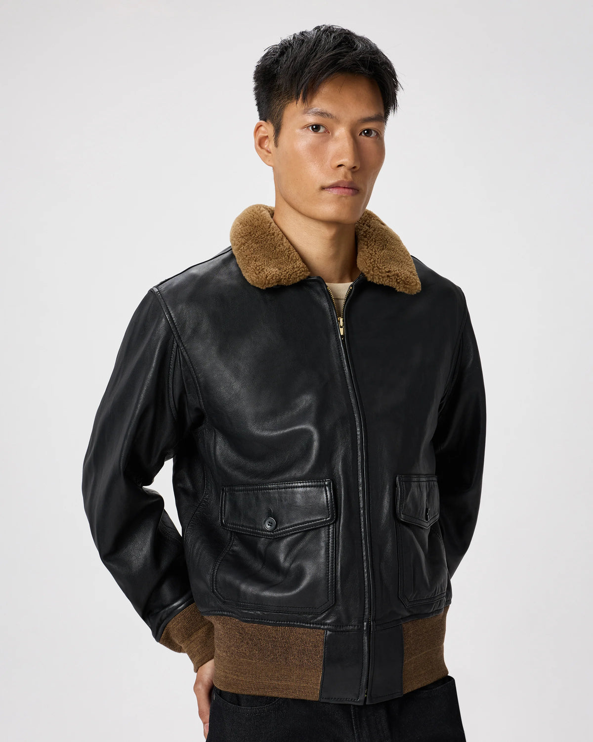 Shearling Collar Leather Flight Jacket - S / True Black Main image