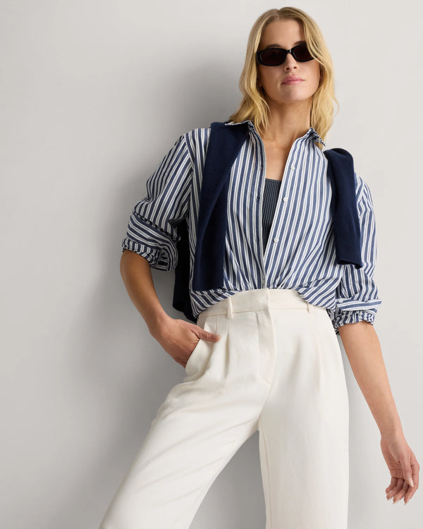 100% Organic Cotton Poplin Long Sleeve Shirt - XS / Delta Blue Double Stripe