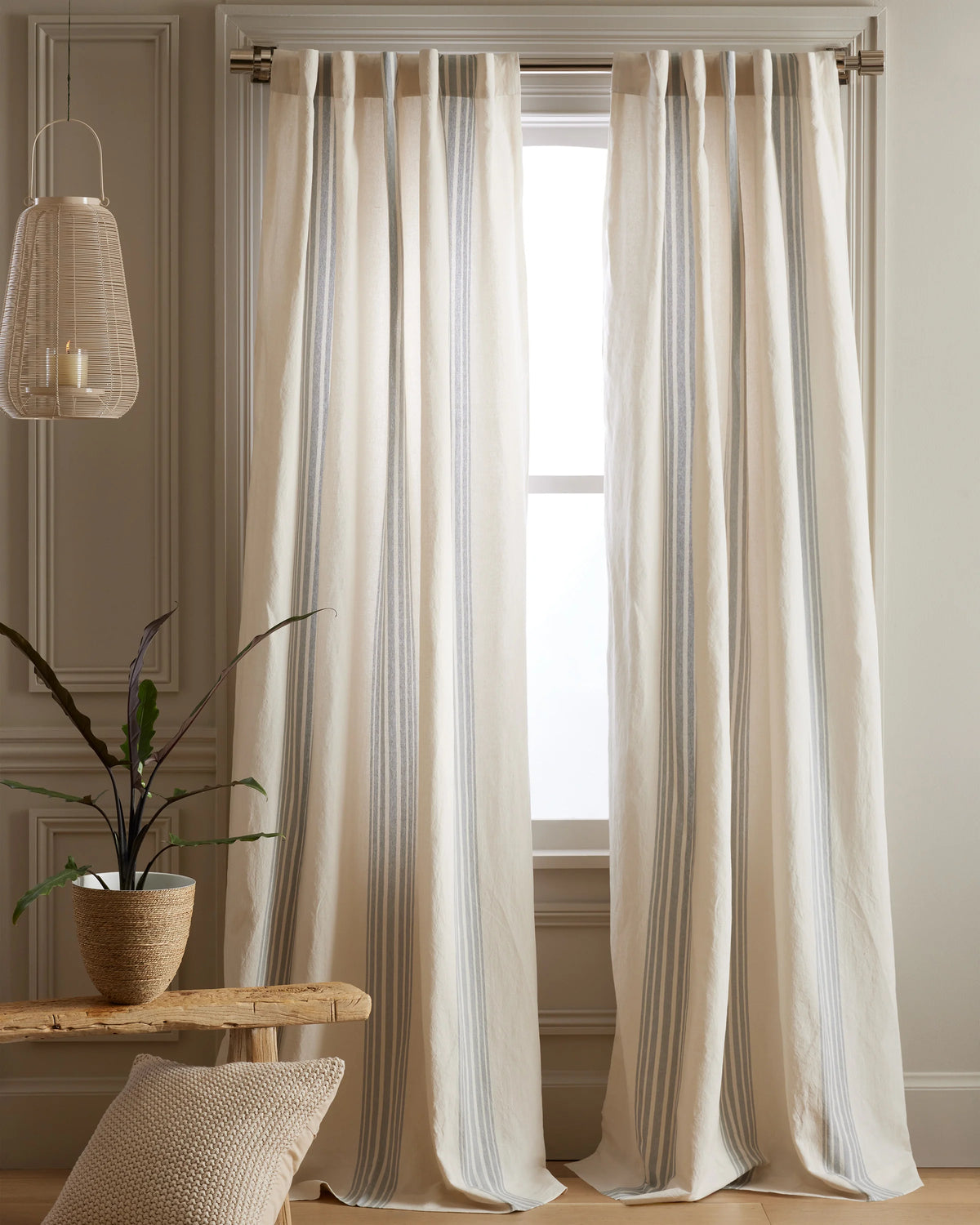 Coastal Stripe Linen Cotton Curtain - Single Panel - 48x84 / Ivory/Fog Main image