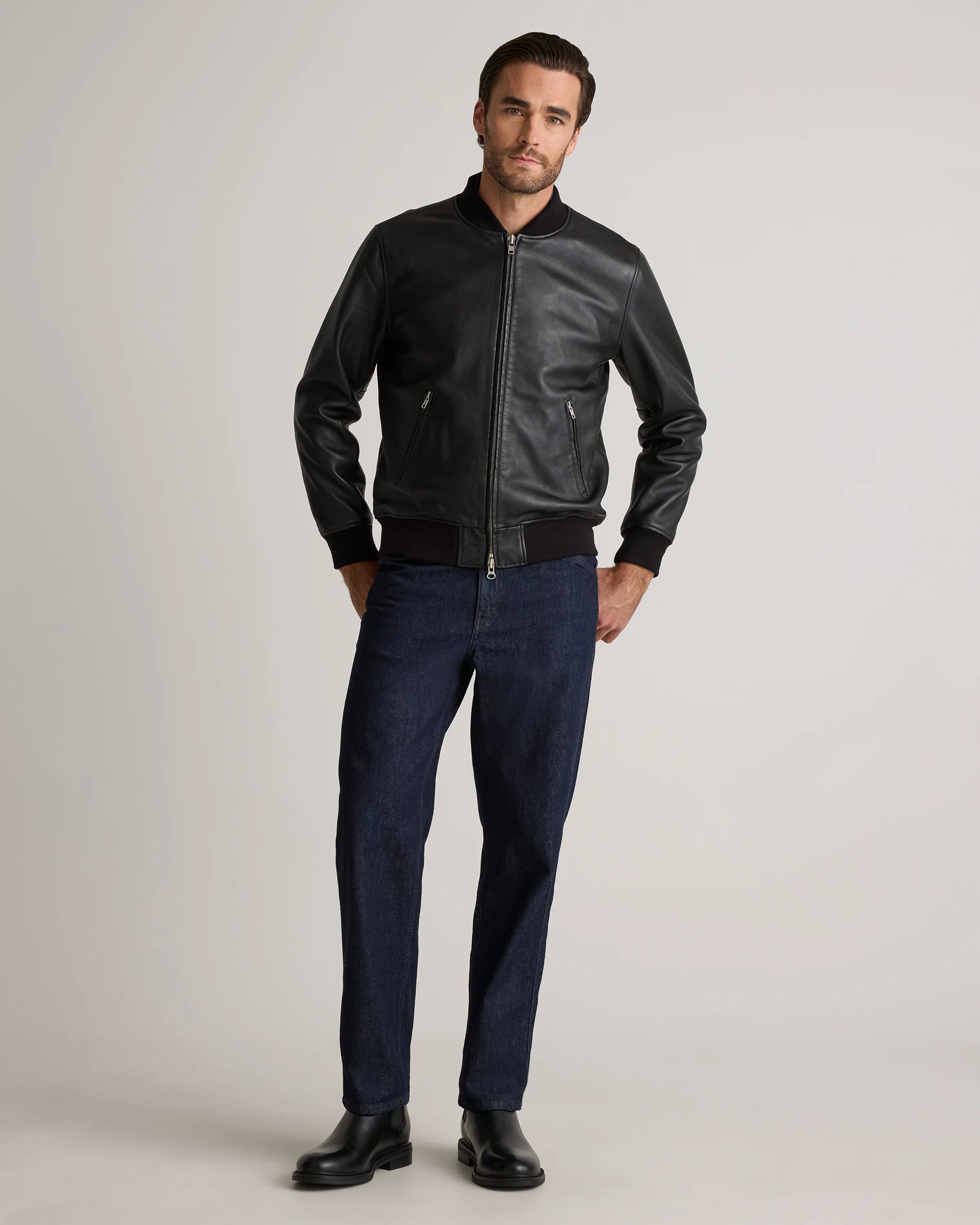 100% Washed Leather Bomber Jacket - S / Black Secondary image