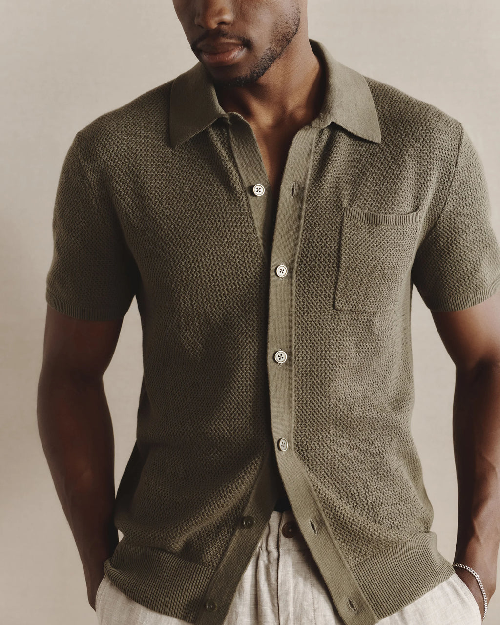 100% Organic Cotton Mesh-Stitch Button-Up Sweater Polo - XS / Speckled Beige