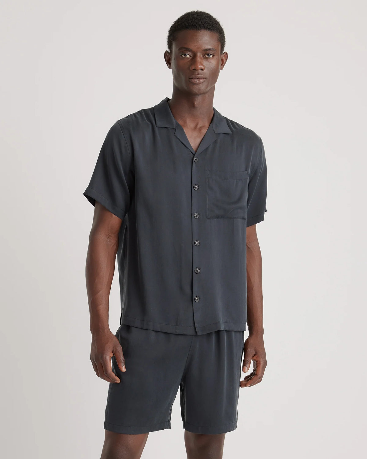 100% Washable Silk Button Down Short Set - S / Black Main image