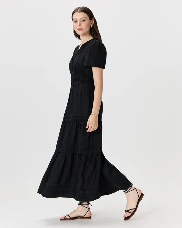 100% European Linen Tiered Maxi Dress - XS / Ivory Porcelain Blue Petite Floral