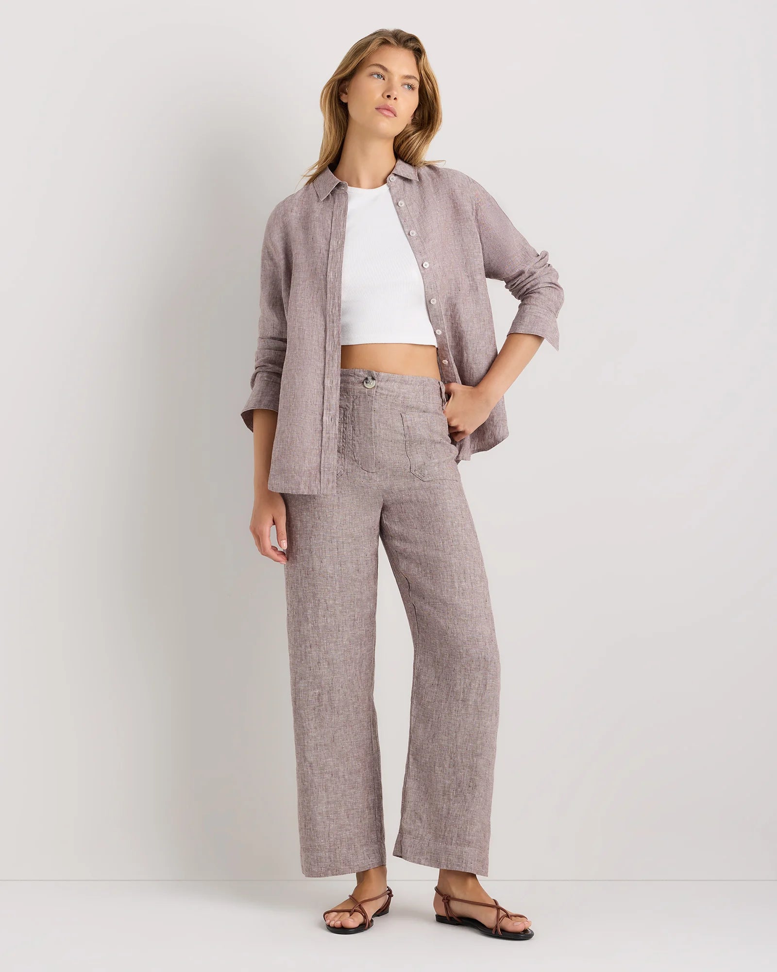 100% European Linen Patch Pocket Wide Leg Pants - 0 / Taupe Brown Chambray Secondary image