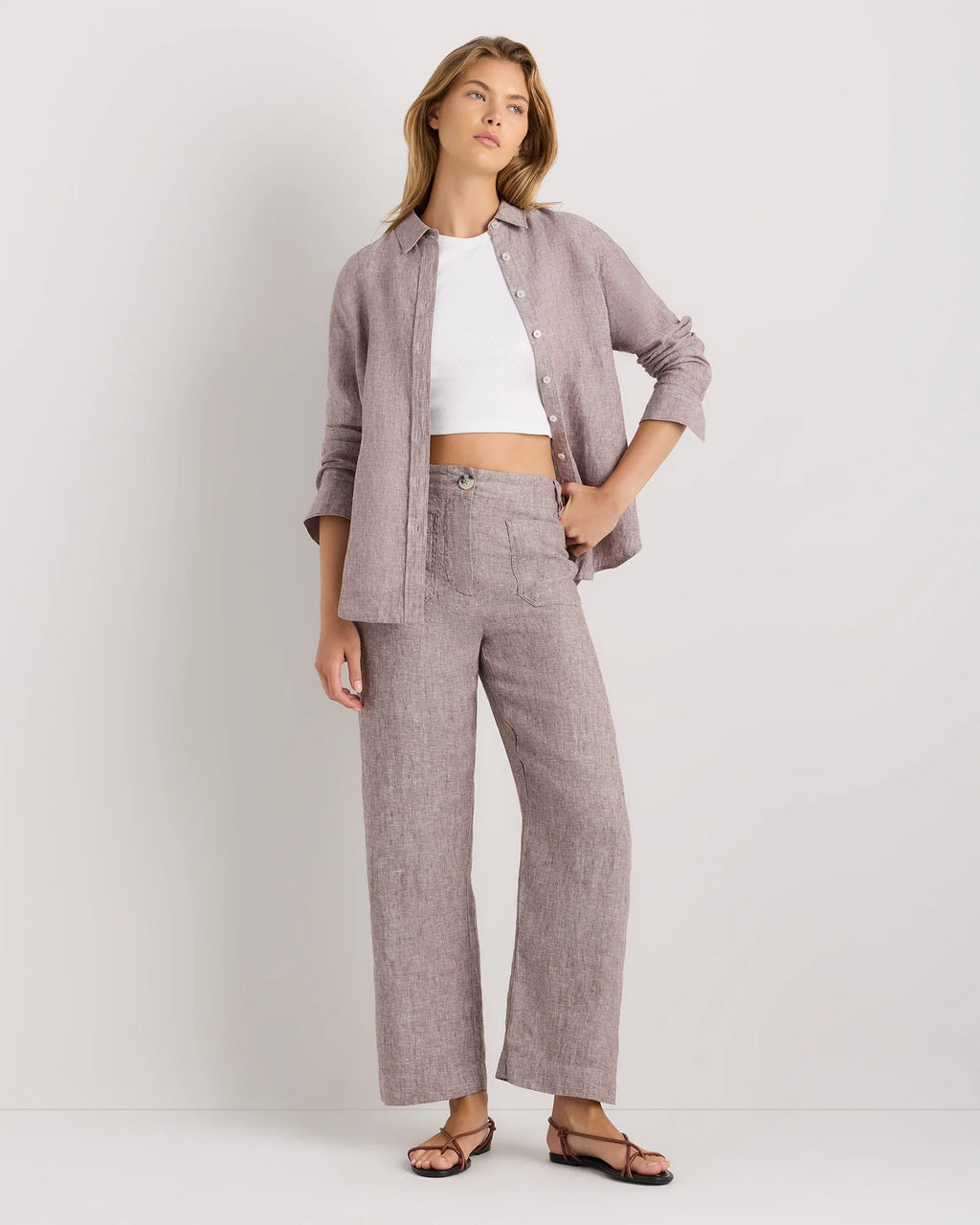 100% European Linen Patch Pocket Wide Leg Pants - 0 / Taupe Brown Chambray