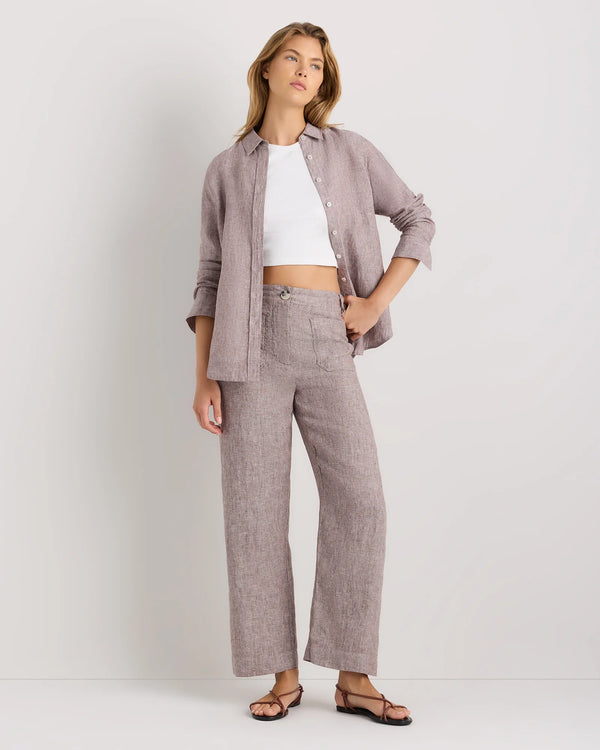 100% European Linen Patch Pocket Wide Leg Pants - 0 / Taupe Brown Chambray