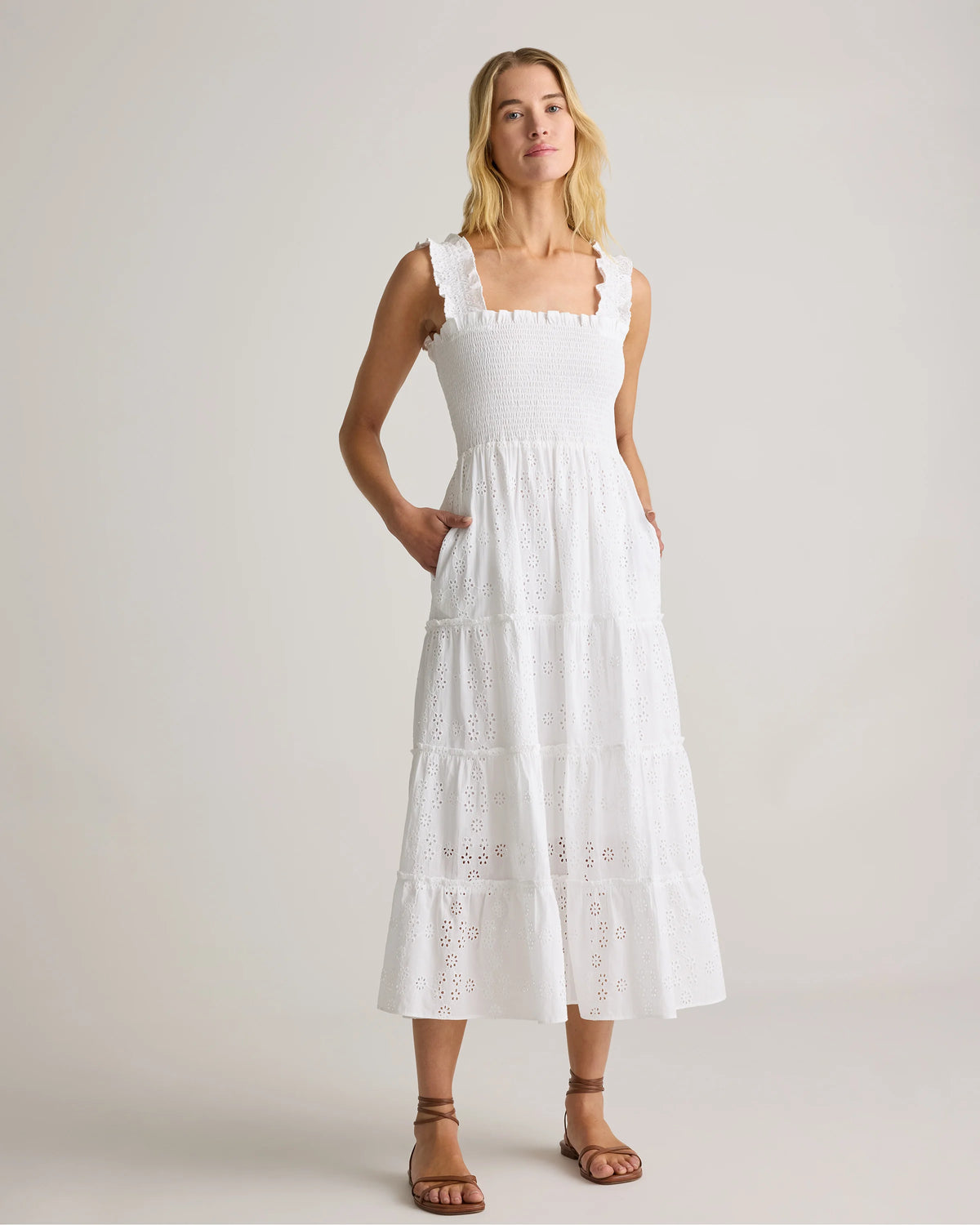 100% Organic Cotton Eyelet Smocked Midi Dress - XS / White Main image