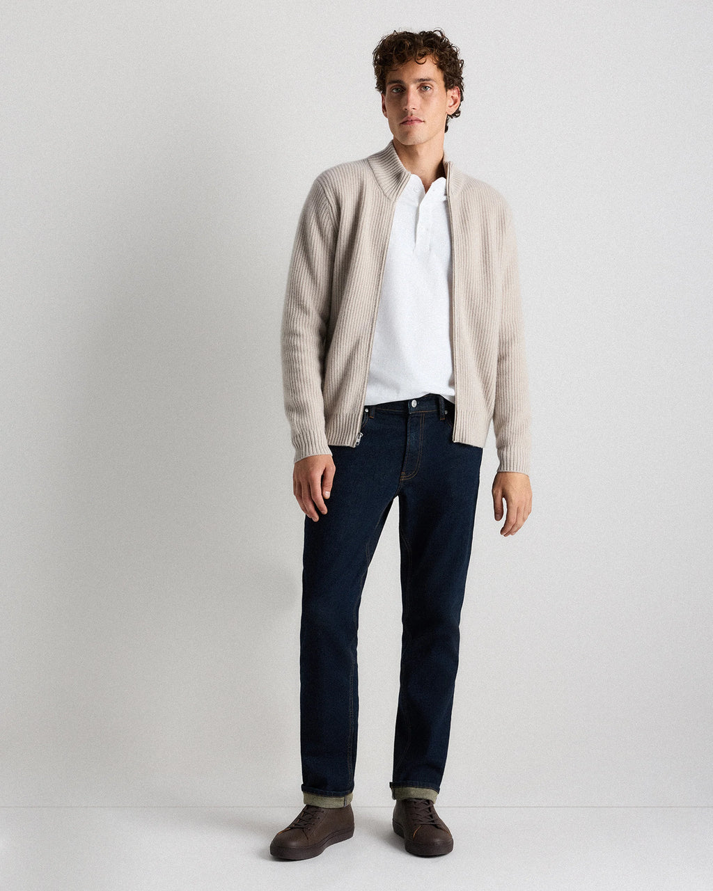 Mongolian Cashmere Fisherman Full Zip Sweater - S / Teak