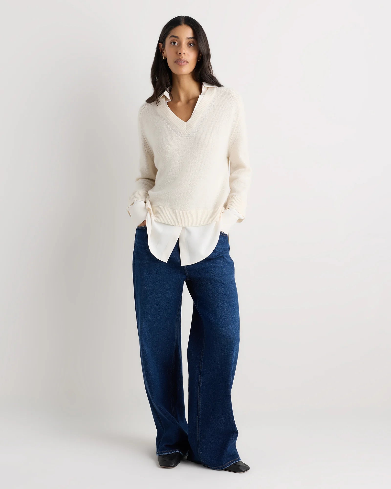 100% Mongolian Cashmere Layered V-Neck Sweater - XS / Ivory Secondary image