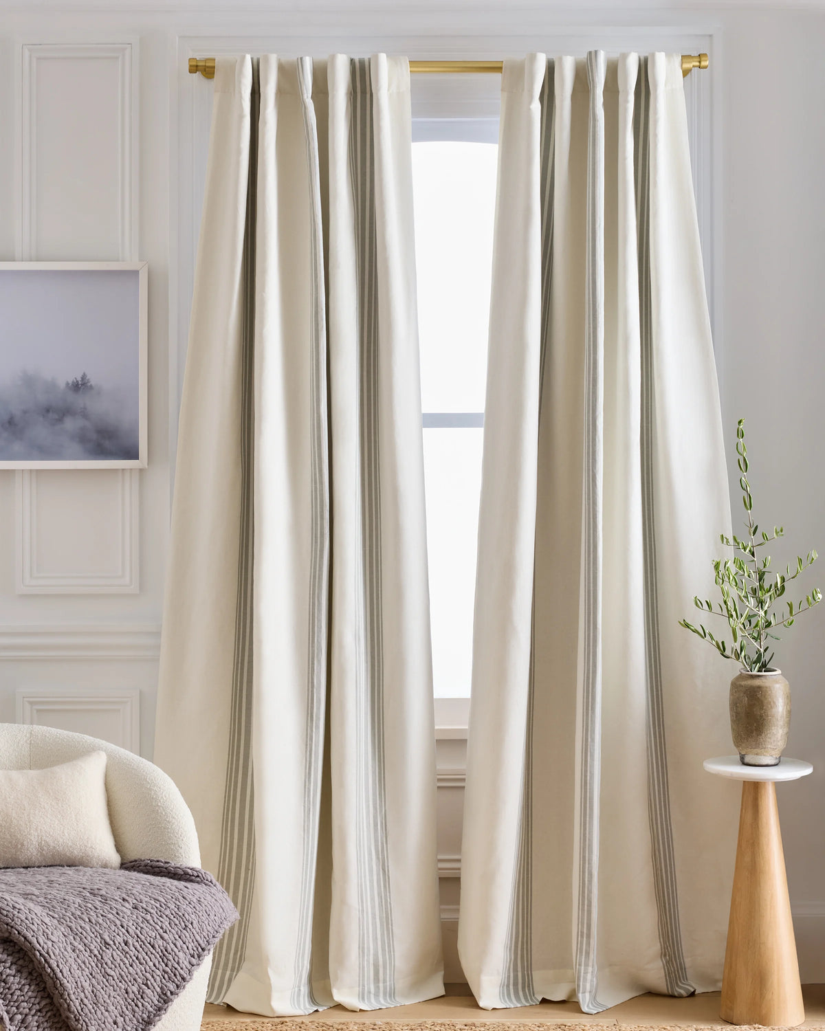 Coastal Stripe Linen Cotton Room Darkening Curtain - Single Panel - 48x84 / Ivory/Sage Green Main image