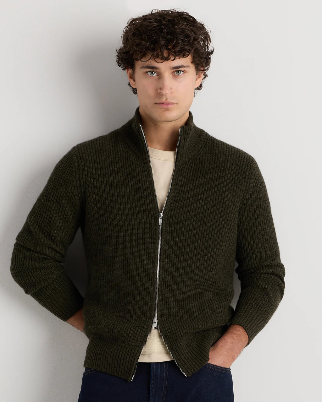 Mongolian Cashmere Fisherman Full Zip Sweater - S / Teak