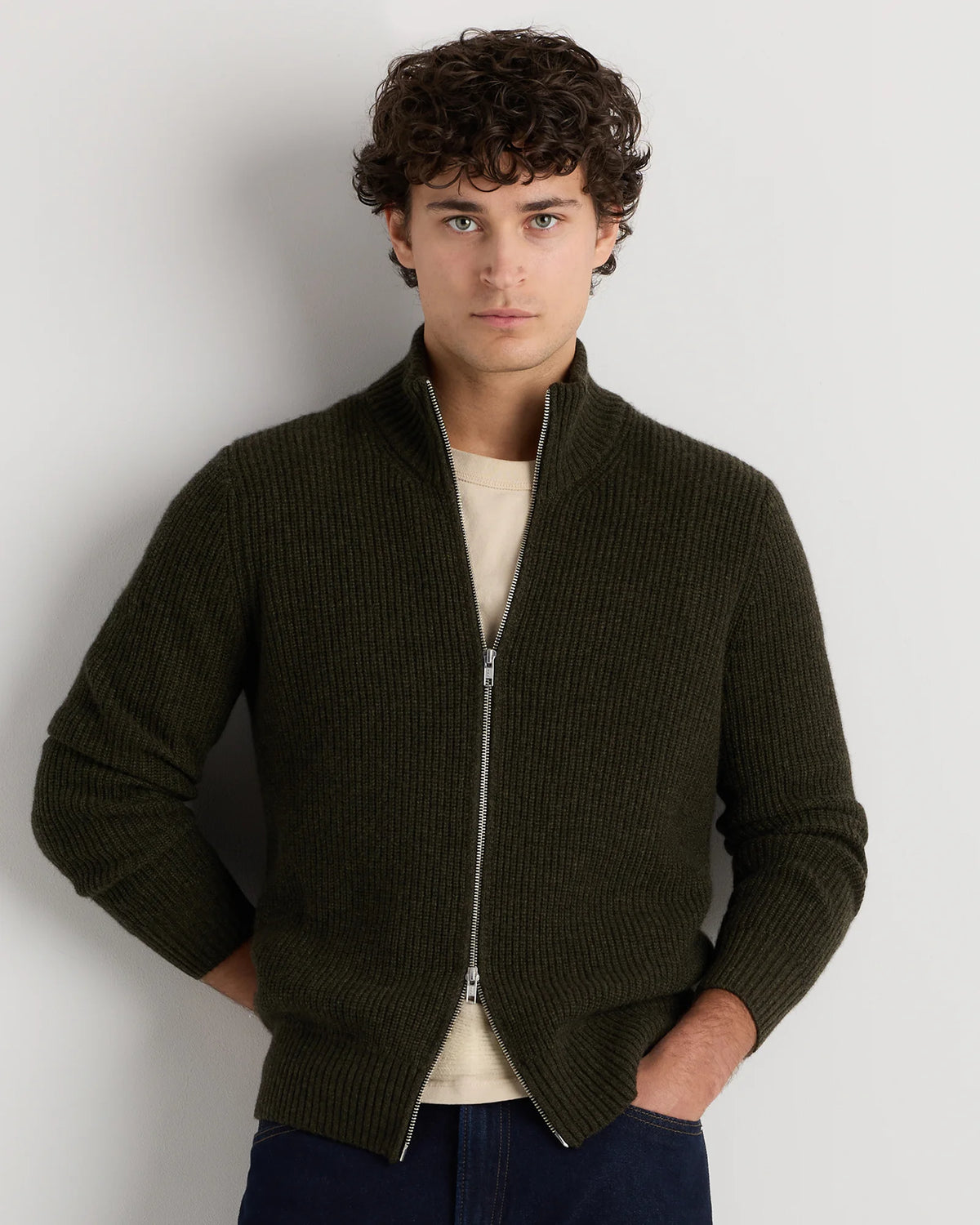 Mongolian Cashmere Fisherman Full Zip Sweater - S / Teak