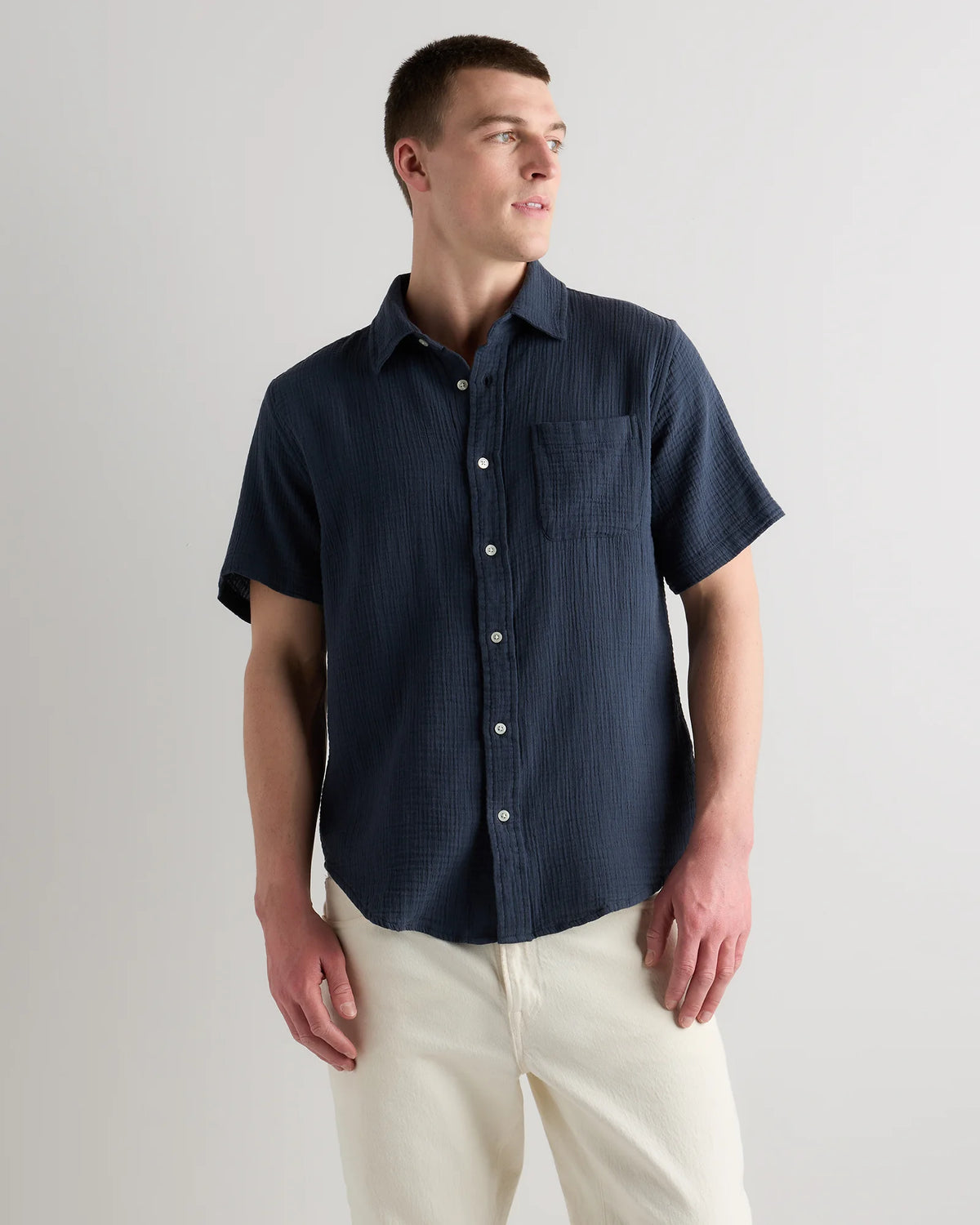 100% Organic Cotton Gauze Short Sleeve Shirt - S / Indigo Blue Main image