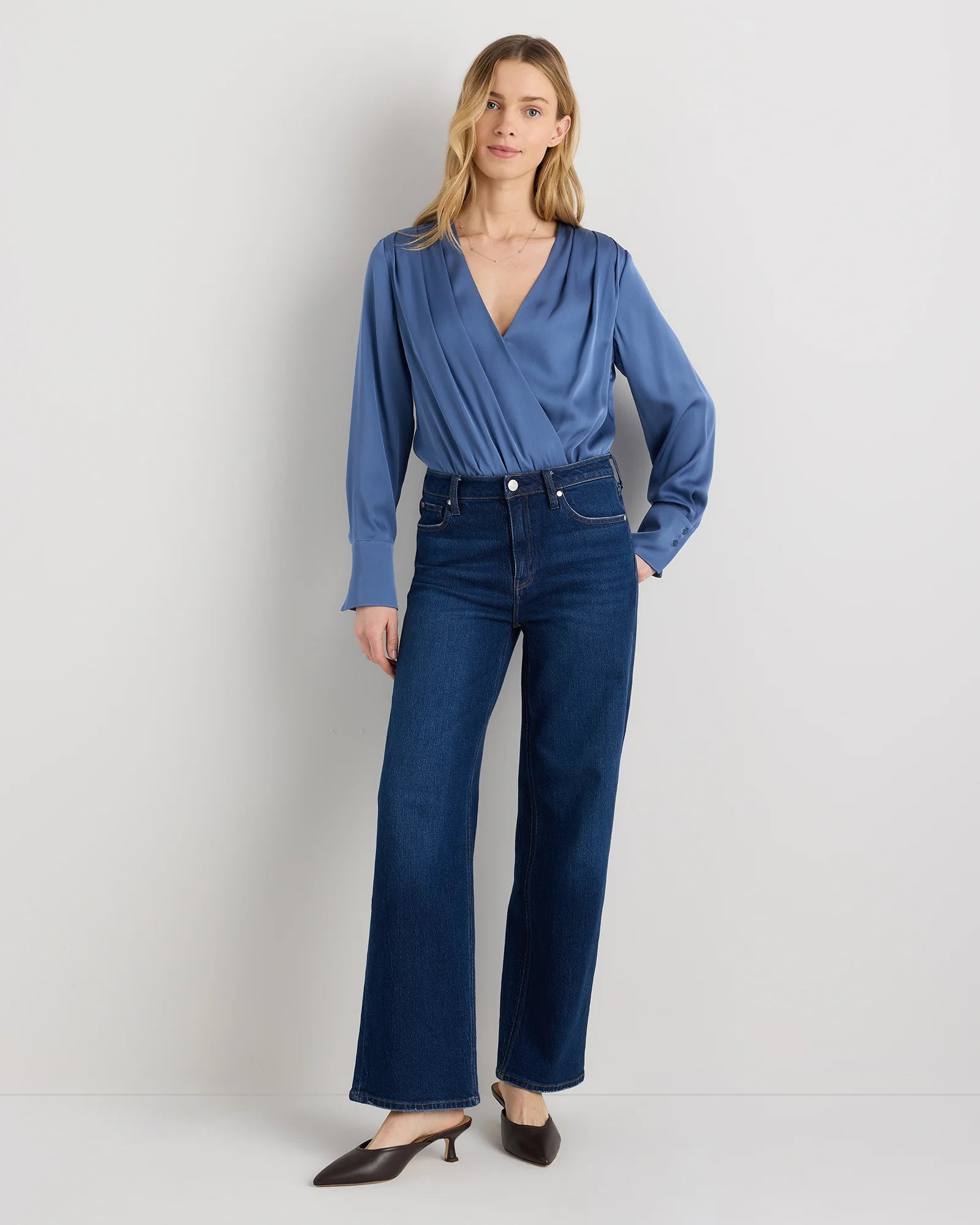 Washable Stretch Silk Surplice Bodysuit - XS / Moonstone Blue Secondary image