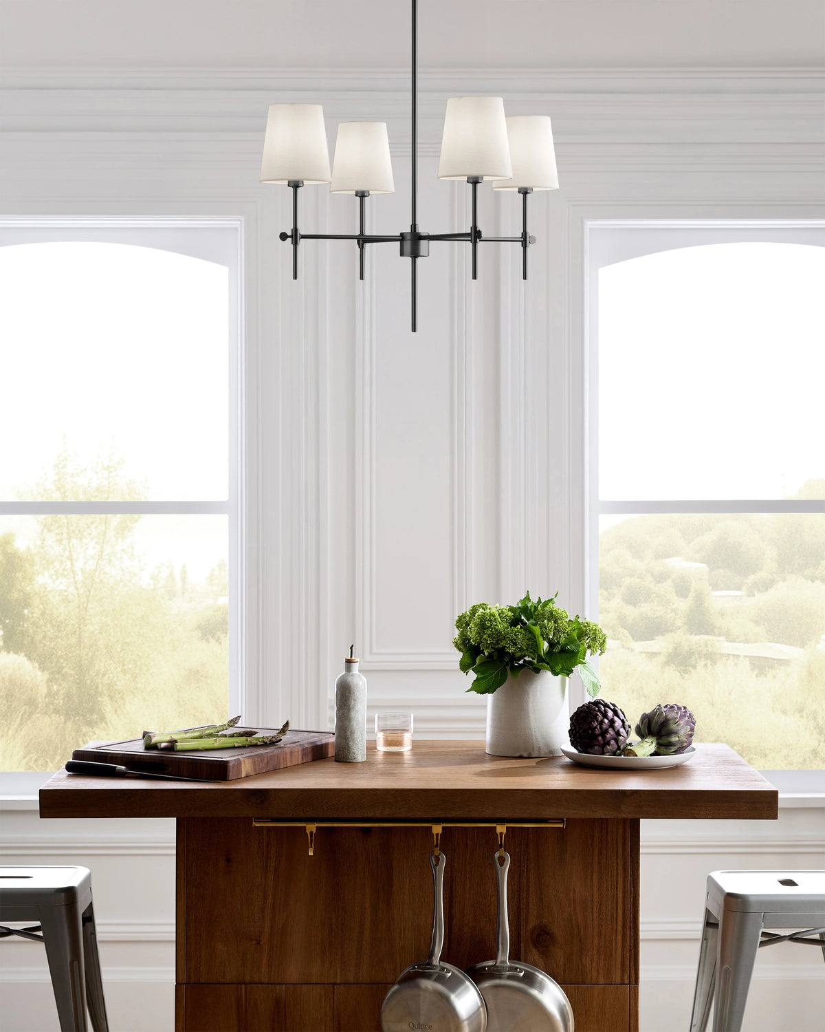Linear Steel Chandelier with Linen Shades - Small / Black