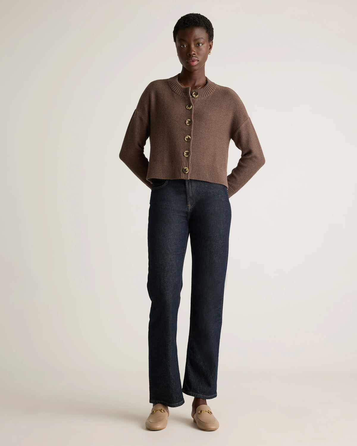 100% Organic Cotton Cropped Cardigan - XS / Heather Brown