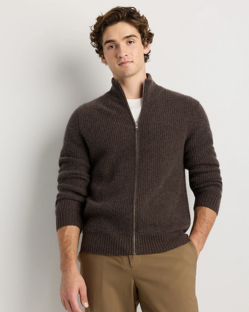 Mongolian Cashmere Fisherman Full Zip Sweater - S / Teak