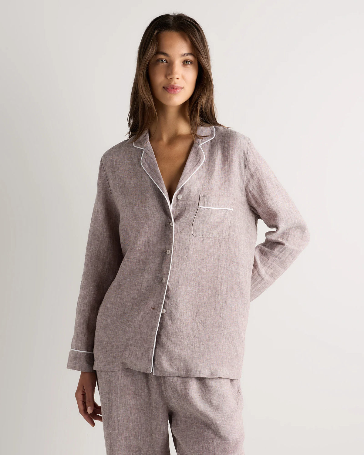 100% European Linen Long Sleeve Pajama Set with Piping - XS / Taupe Brown Gingham
