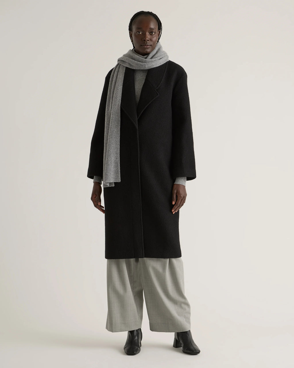 100% Merino Wool Shawl Collar Long Coat - XS / Heather Bone