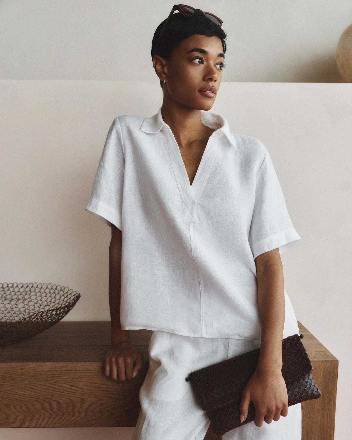 100% European Linen Short Sleeve Popover Top - XS / Blue Pinstripe