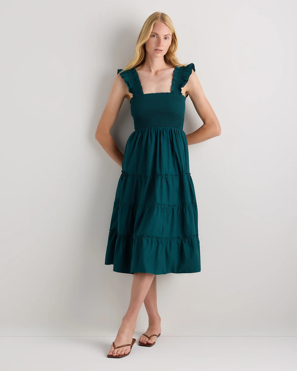 100% Organic Cotton Poplin Smocked Midi Dress - XS / Riviera Blue Heirloom Floral