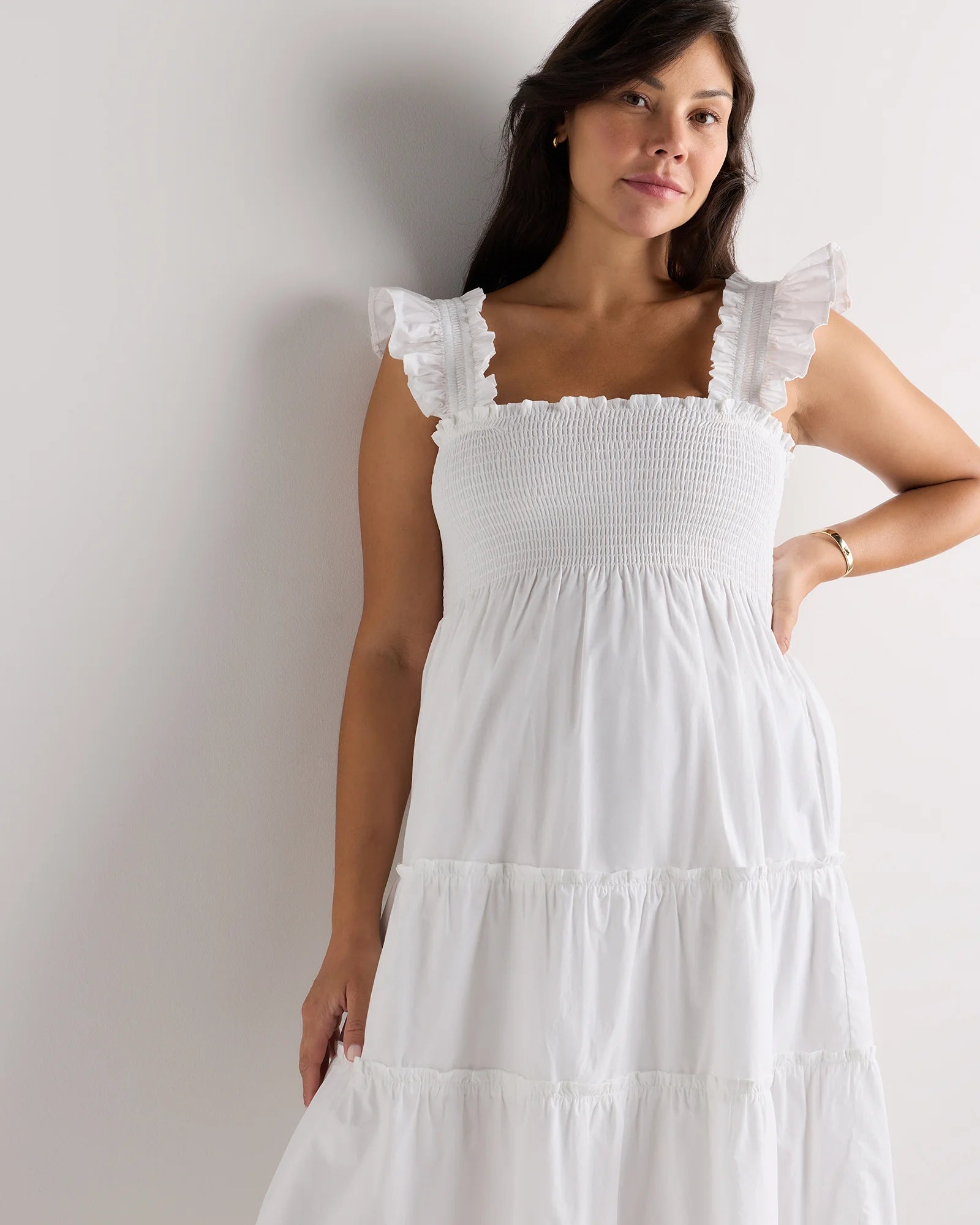 100% Organic Cotton Poplin Maternity Smocked Midi Dress - XS / Classic White Secondary image