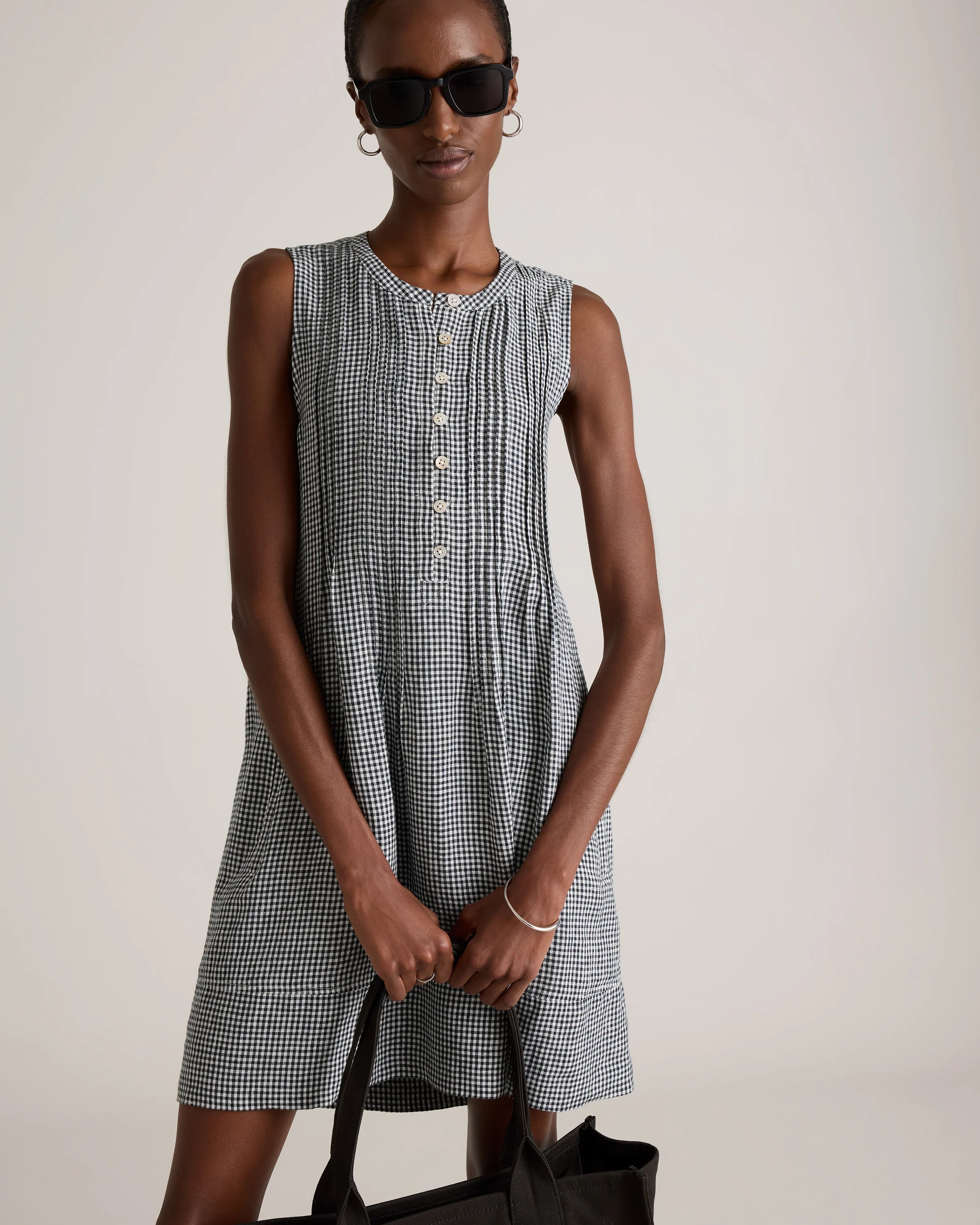 100% European Linen Sleeveless Swing Dress - XS / Classic Mini Gingham Secondary image