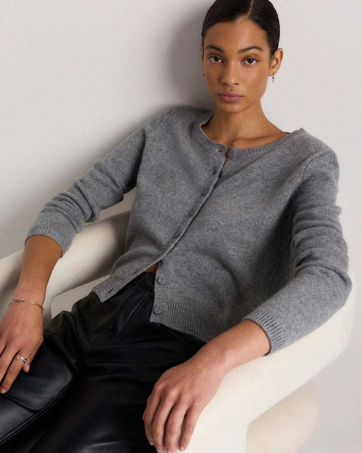 Mongolian Cashmere Cropped Crew Cardigan - XS / Heather Vintage Pink / Brown Variegated Stripe