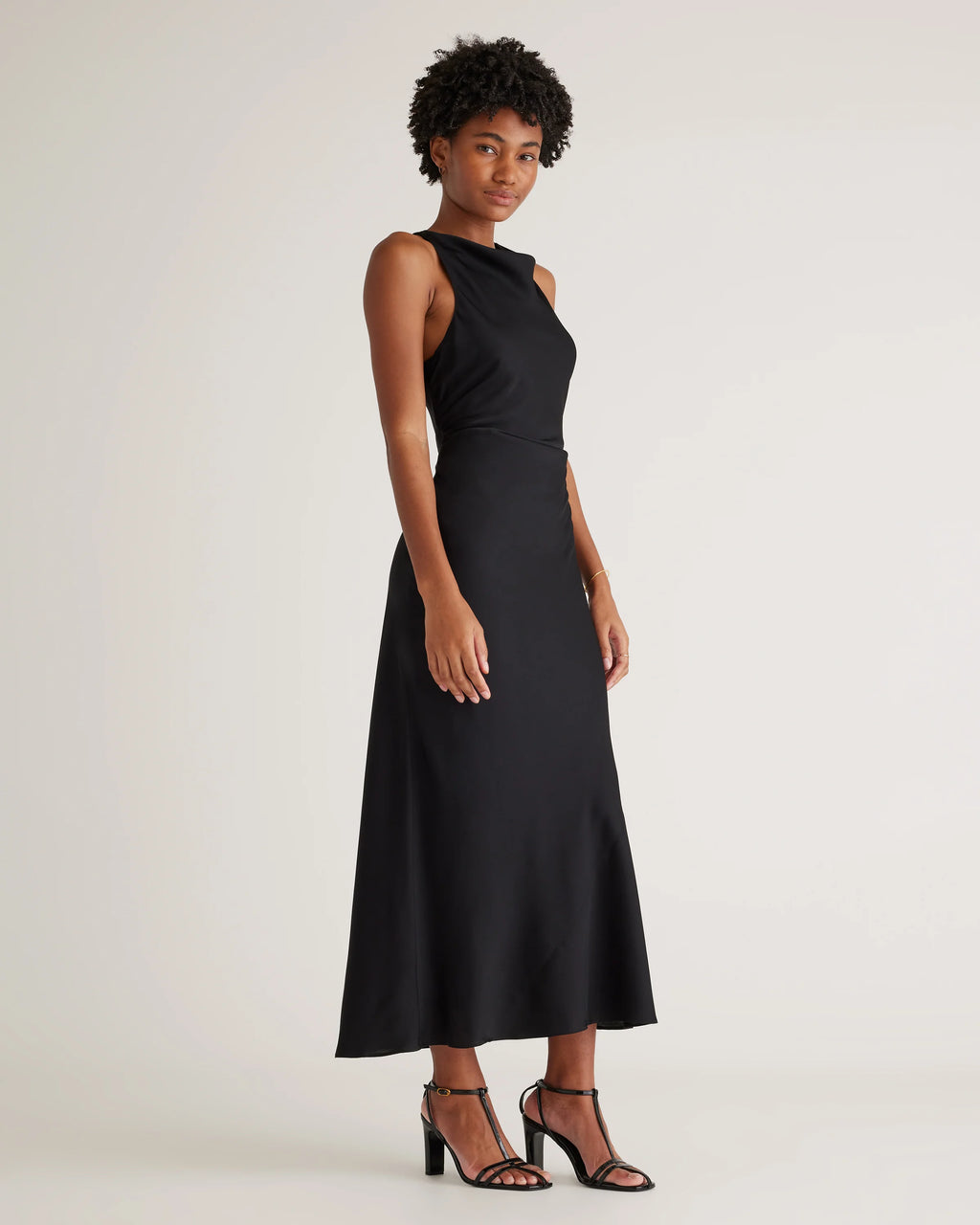 Washable Stretch Silk High Neck Midi Dress - XS / Vintage Navy Roses