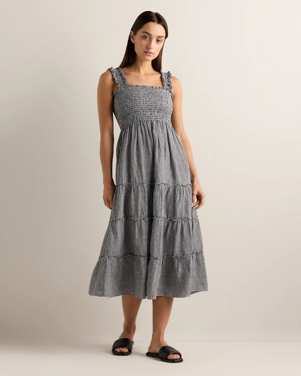 100% European Linen Smocked Midi Dress - XS / Ivory Porcelain Blue Petite Floral