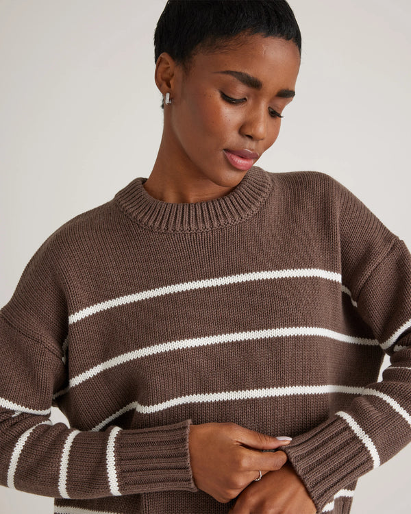 100% Organic Cotton Striped Crew Sweater - XS / Heather Brown/Ivory