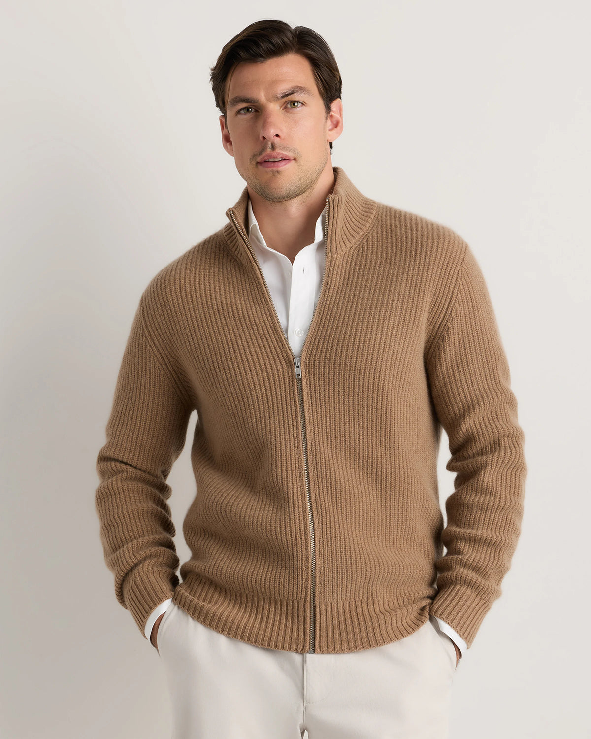 Mongolian Cashmere Fisherman Full Zip Sweater - S / Teak