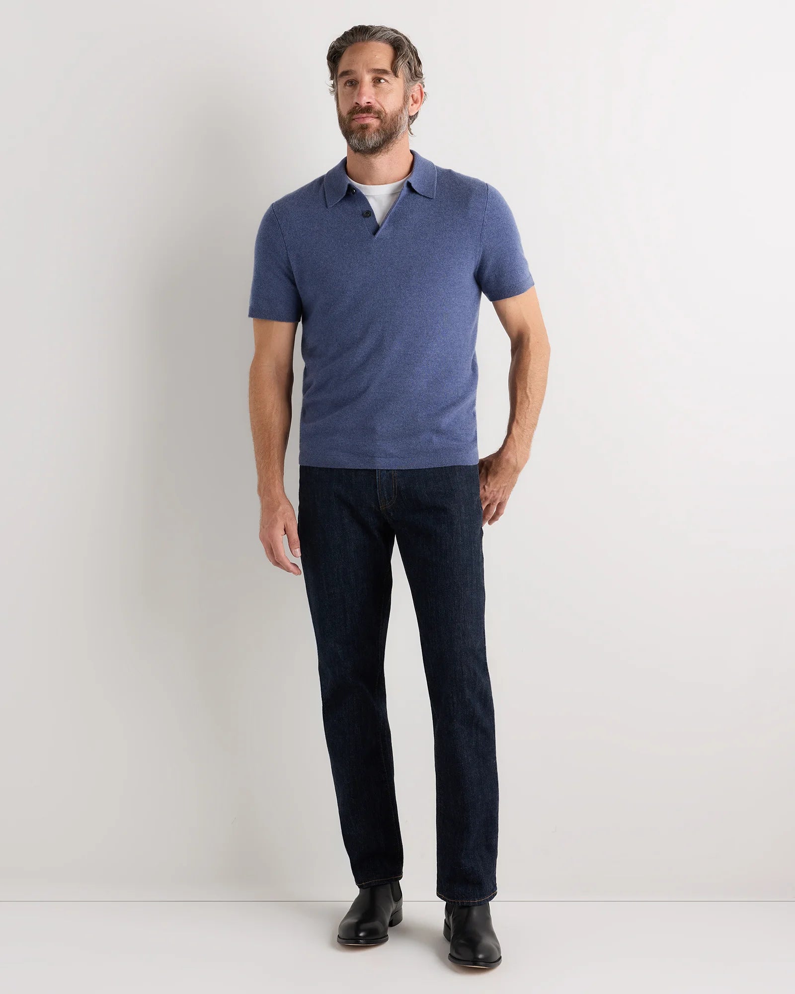 100% Mongolian Cashmere Short Sleeve Polo Sweater - S / Heather Storm Blue Secondary image