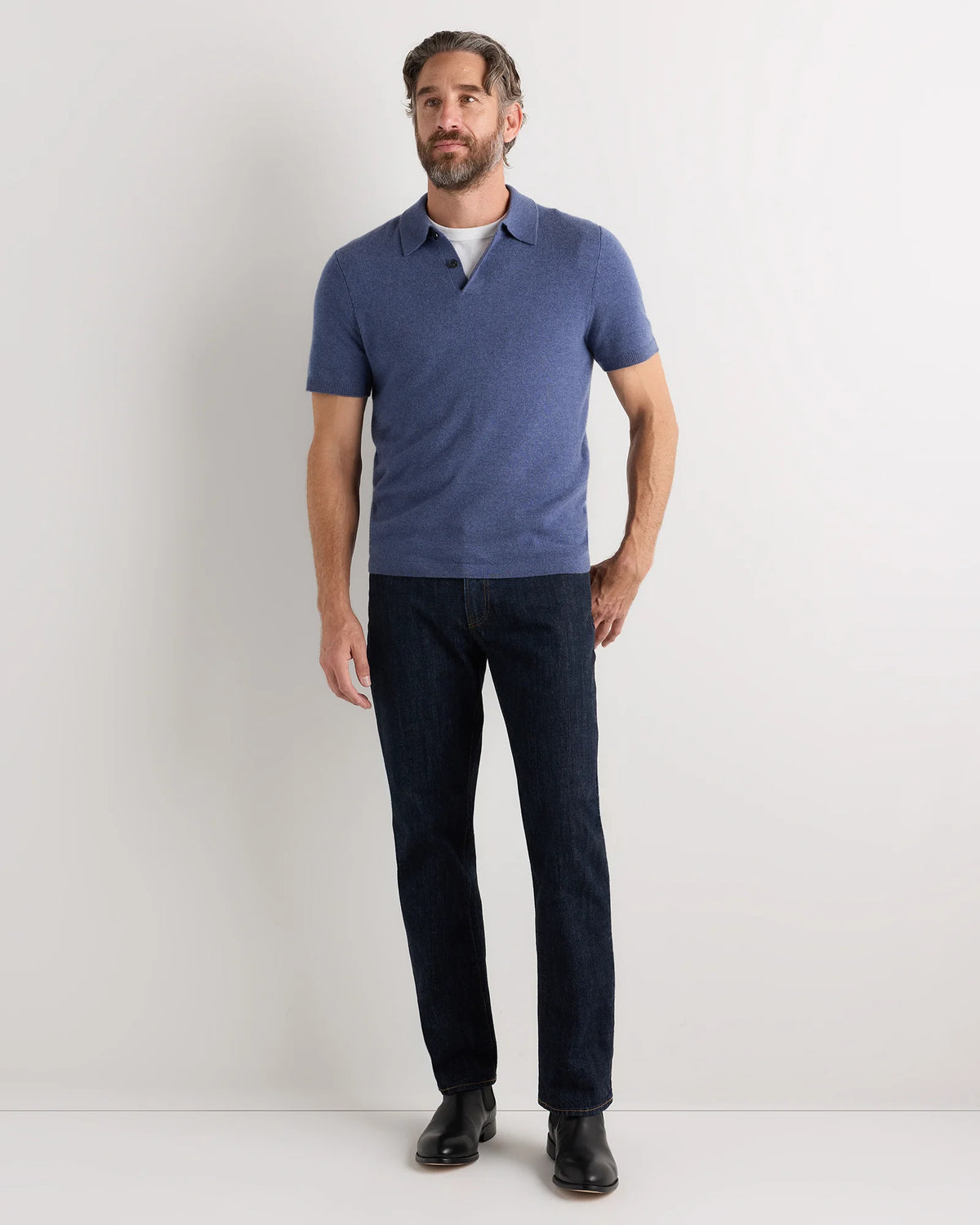 100% Mongolian Cashmere Short Sleeve Polo Sweater - S / Heather Storm Blue Main image