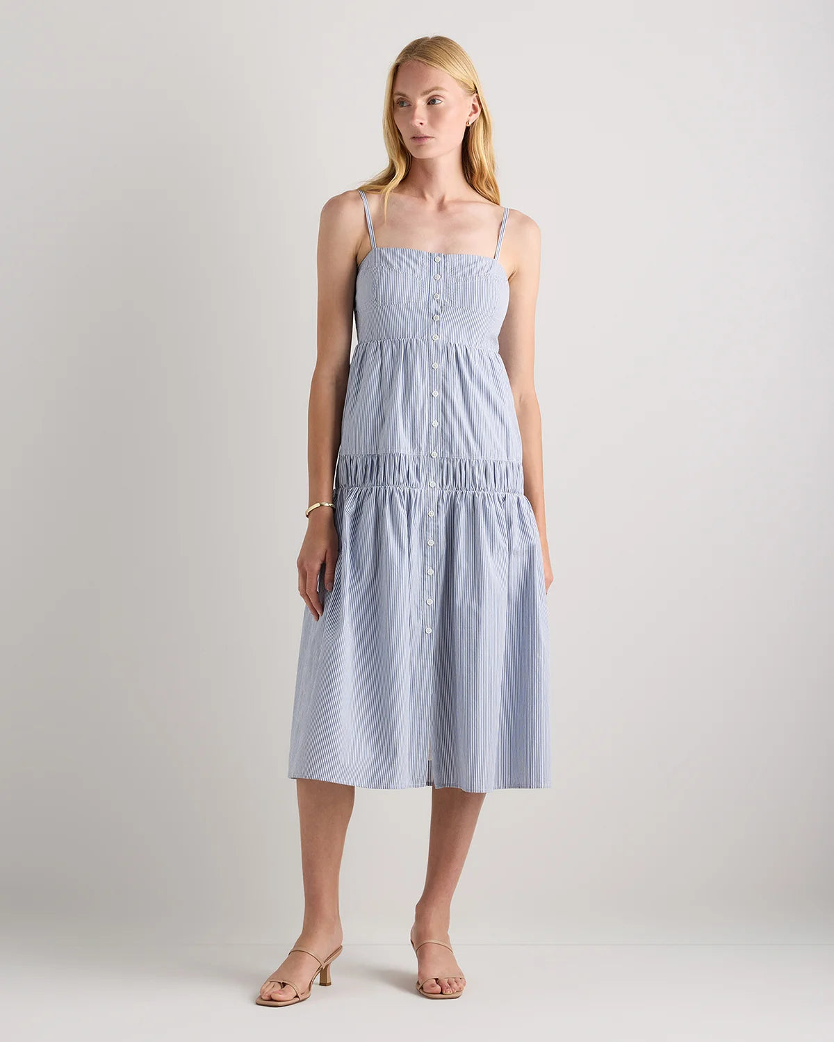 100% Organic Cotton Poplin Spaghetti Strap Maxi Dress - XS / Light Blue Stripe Main image