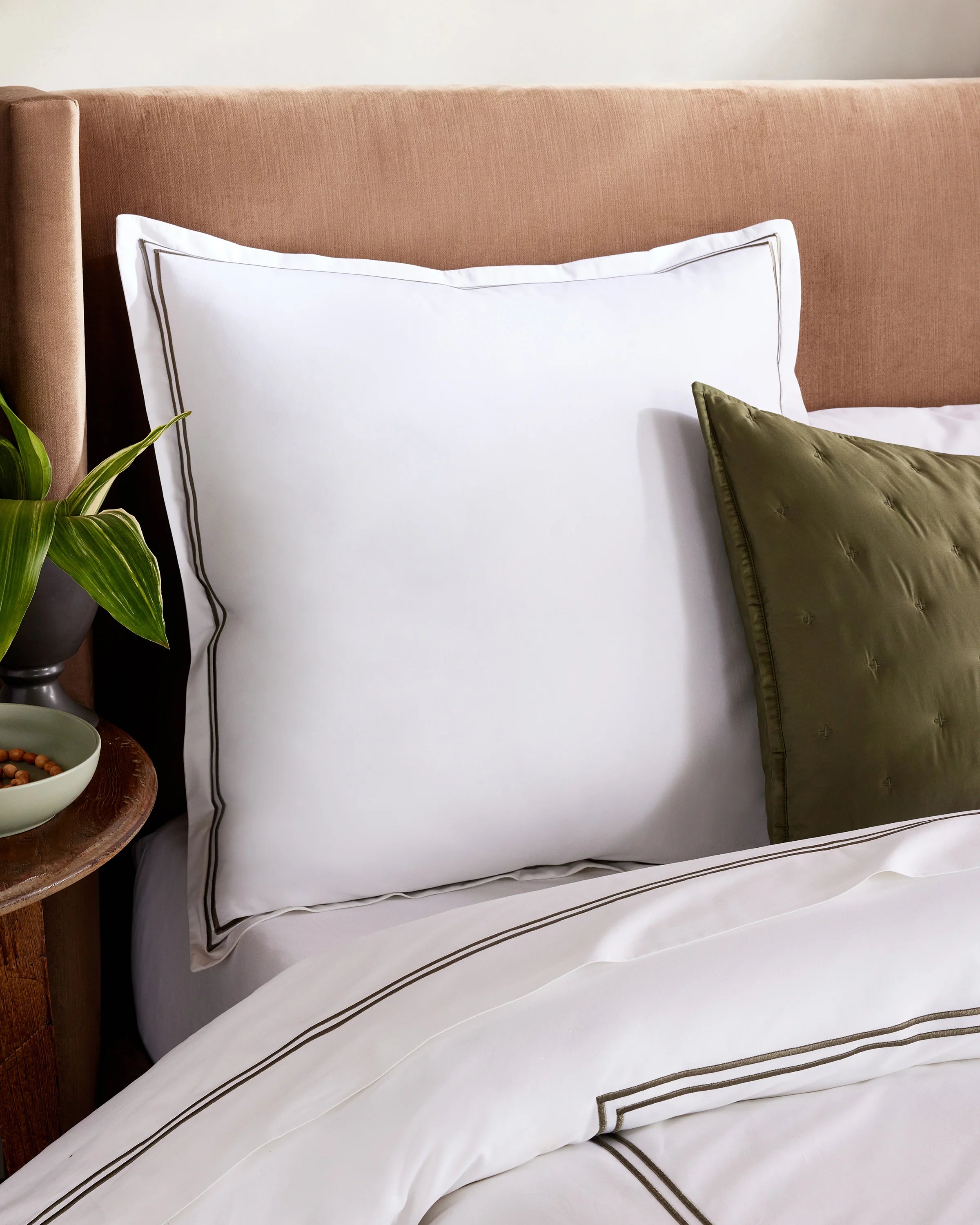 Organic Crisp Percale Embellished Euro Sham - Euro / White/Dusty Olive Secondary image