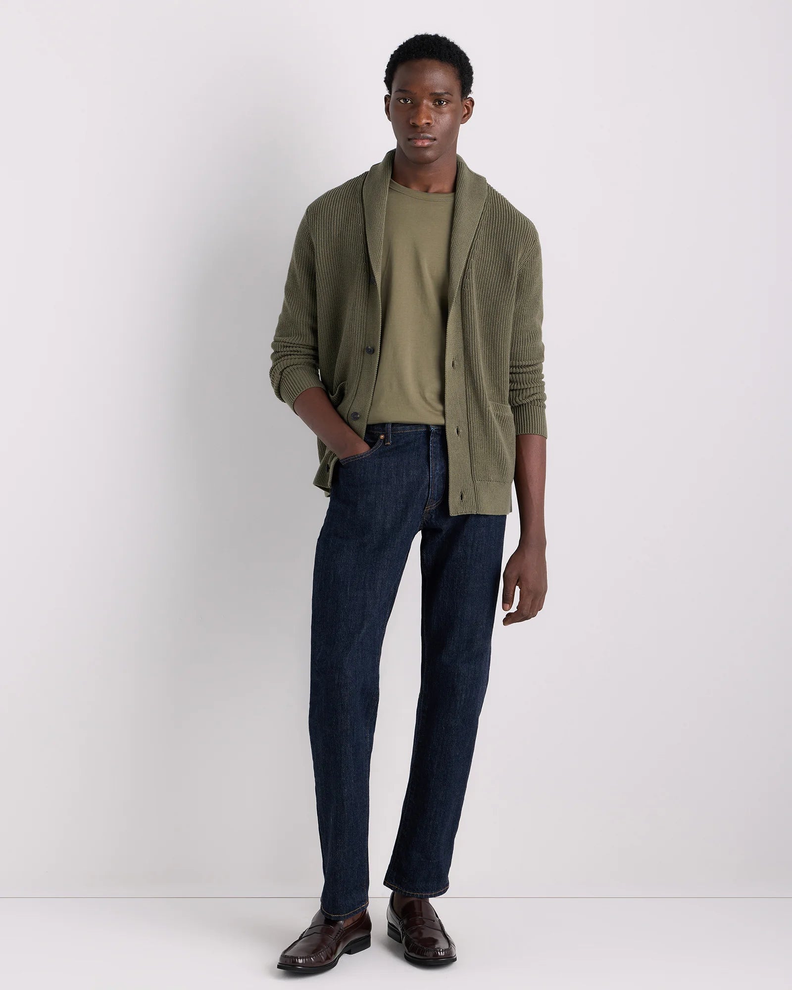 100% Organic Cotton Ribbed Shawl-Collar Cardigan Sweater - S / Bayberry Olive Secondary image