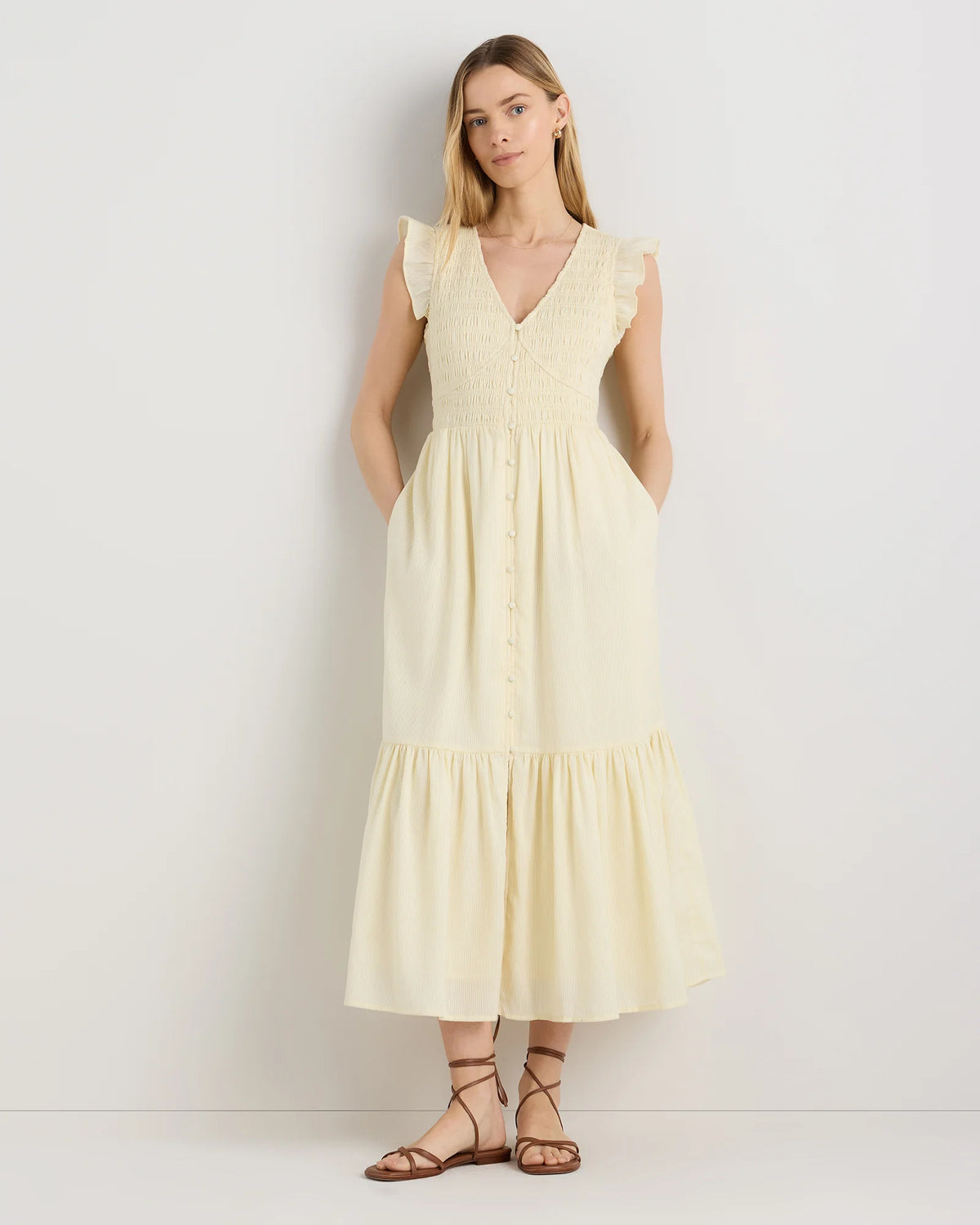 Organic Textured Cotton Smocked V-Neck Midi Dress - XS / Pale Custard Yellow Main image