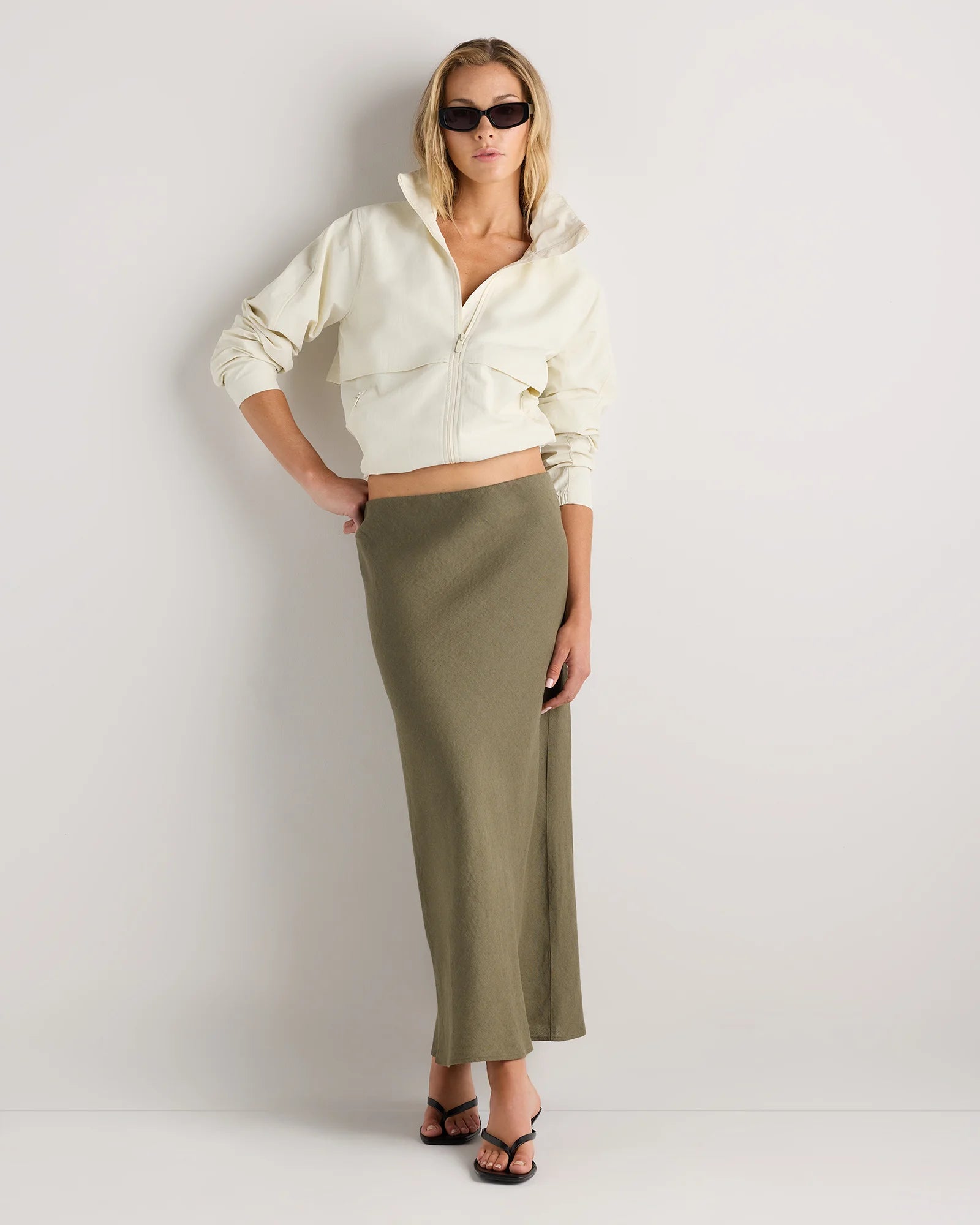 100% European Linen Midi Slip Skirt - XS / Bayberry Olive Secondary image
