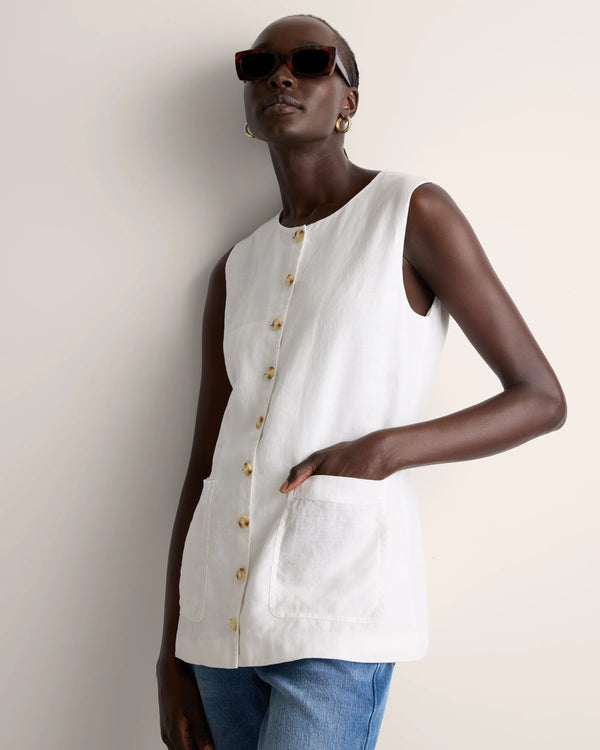 100% European Linen Longline Vest - XS / Taupe Brown Chambray