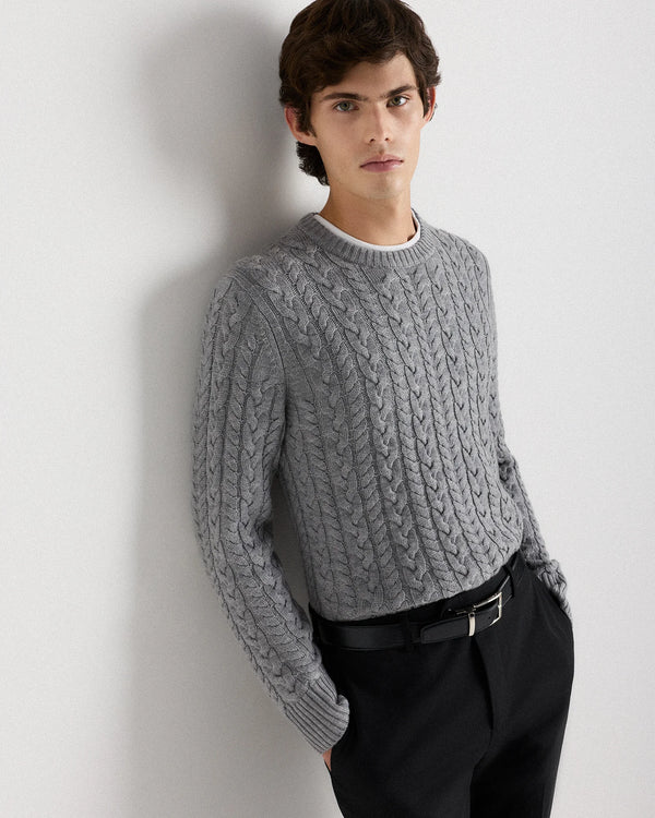 Australian Merino Wool Cable Crewneck Sweater - S / Heather Grey
